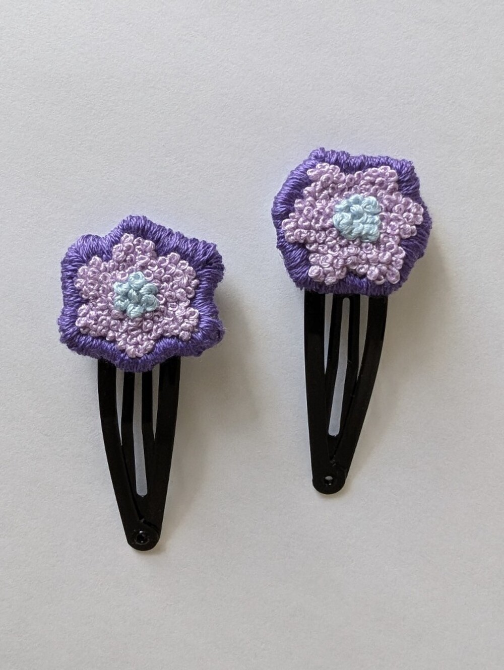 Handmade Set Of Two Hand Embroidered Purple And Blue Flower Hair Clips